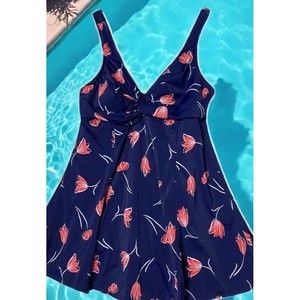 Croft Barrow 16 Floral Tummy Slimming Swim Dress Navy Pink Skirt